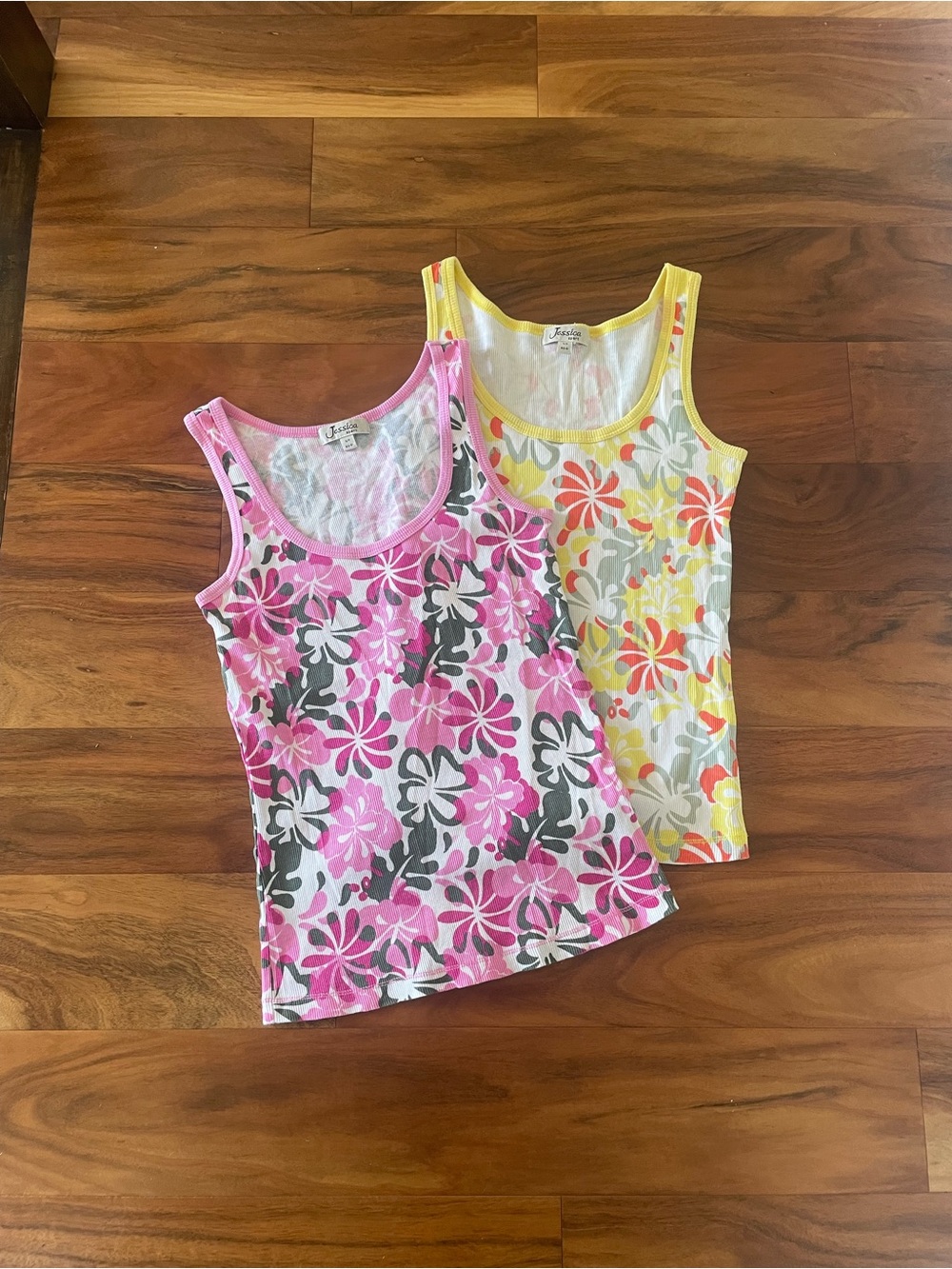 Bundle of (2) Y2K Floral Tank Tops - Pink & Yellow Hibiscus print